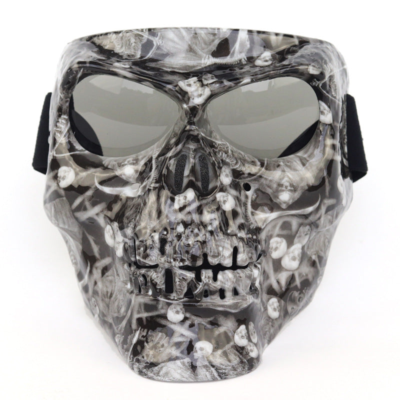 Skull mask motorcycle rider equipped with goggles