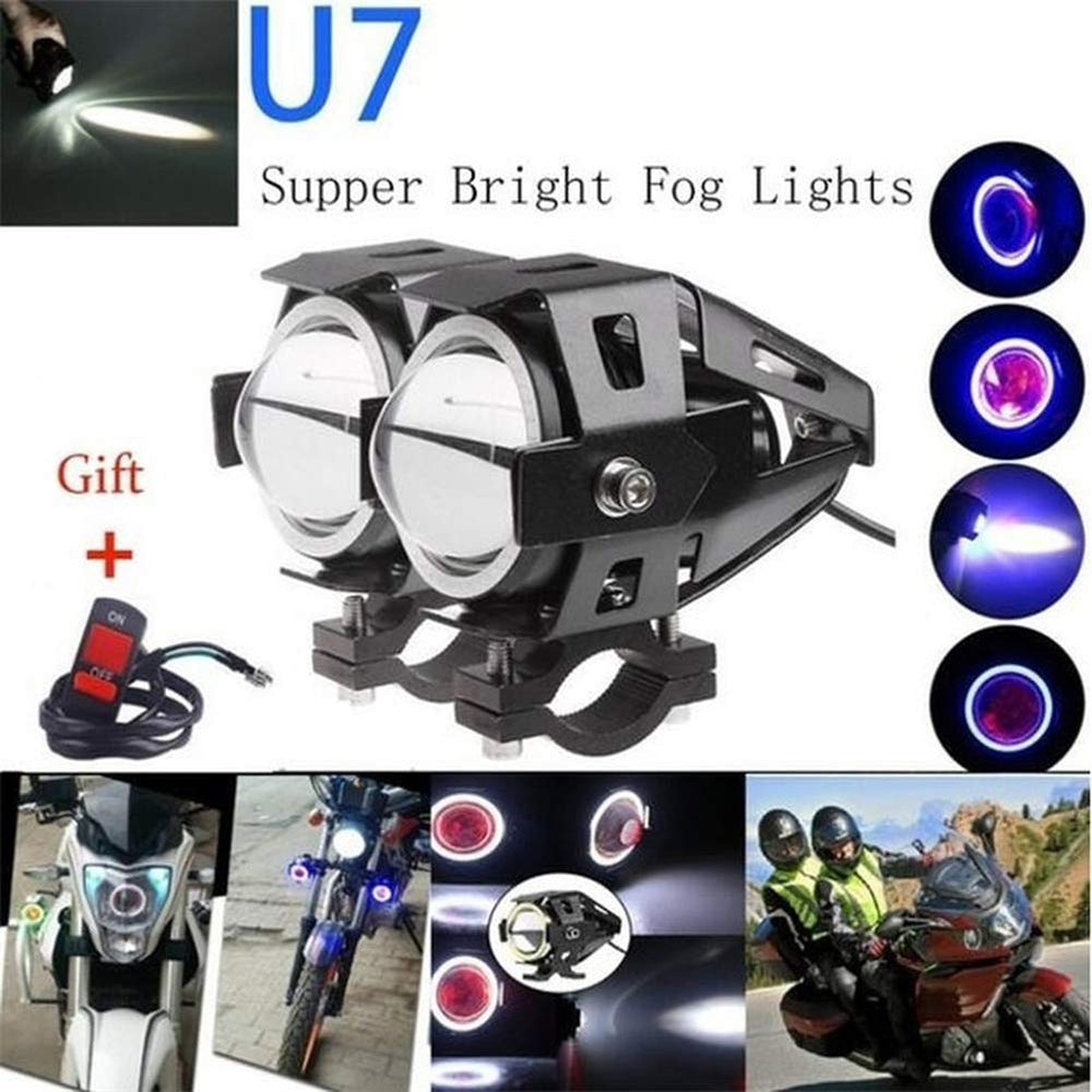 Motorcycle Headlight Cree U7 DRL Fog Lights Driving Running Light With Angel Eyes Lights Ring Front Spotlight Strobe Flashing White Light And Switch