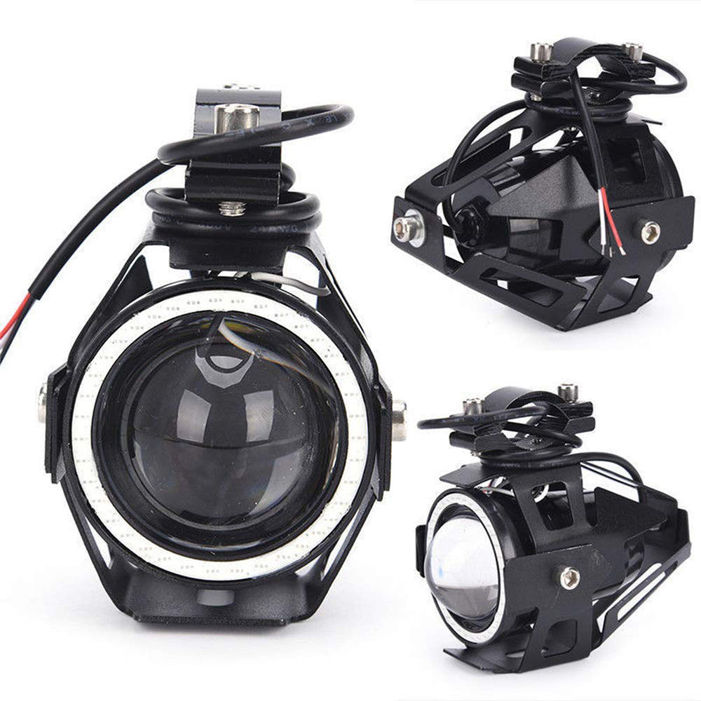 Motorcycle Headlight Cree U7 DRL Fog Lights Driving Running Light With Angel Eyes Lights Ring Front Spotlight Strobe Flashing White Light And Switch